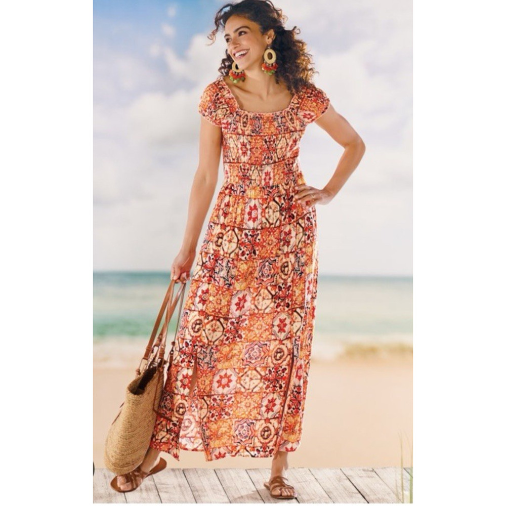 Soft Surroundings Womens Dress Medium Orange Floral Aline Maxi